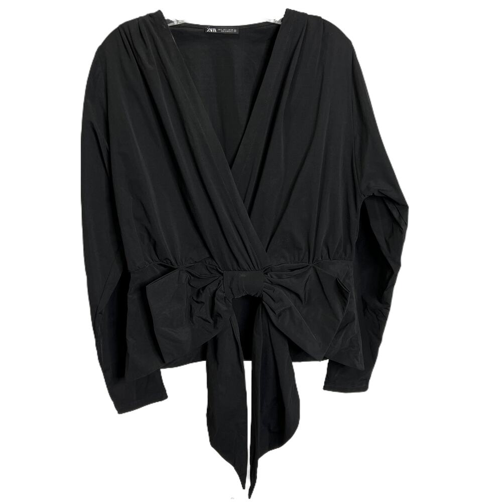 ZARA Women's Size L Blouse Black Deep V-Neck Bow Front Tie‎ Long Sleeve Top